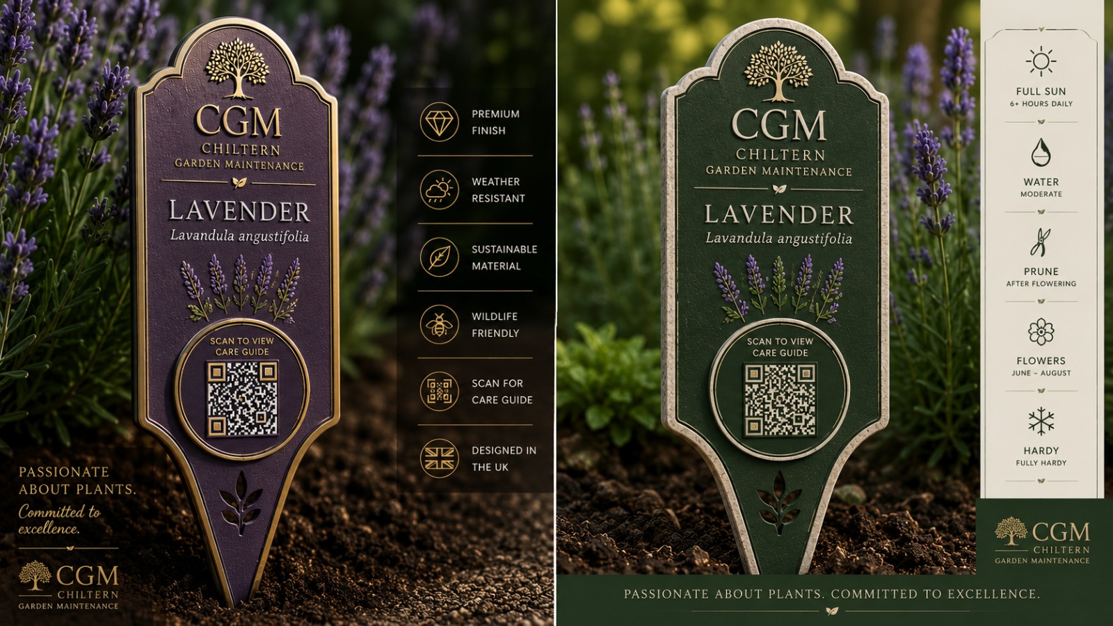 CGM lavender QR plaque examples with plant care information